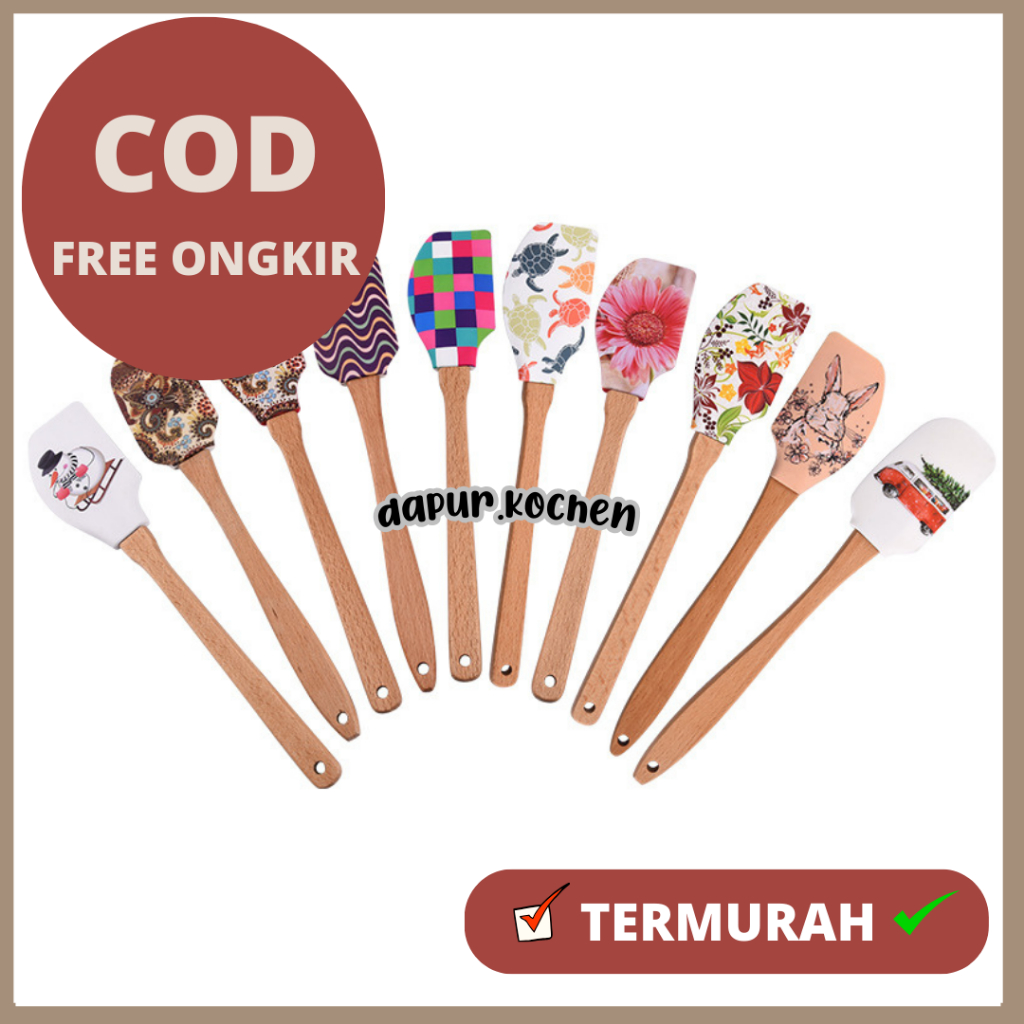 Spatula Silikon Tahan Panas Besar Mpasi Gagang Kayu Lucu Unik