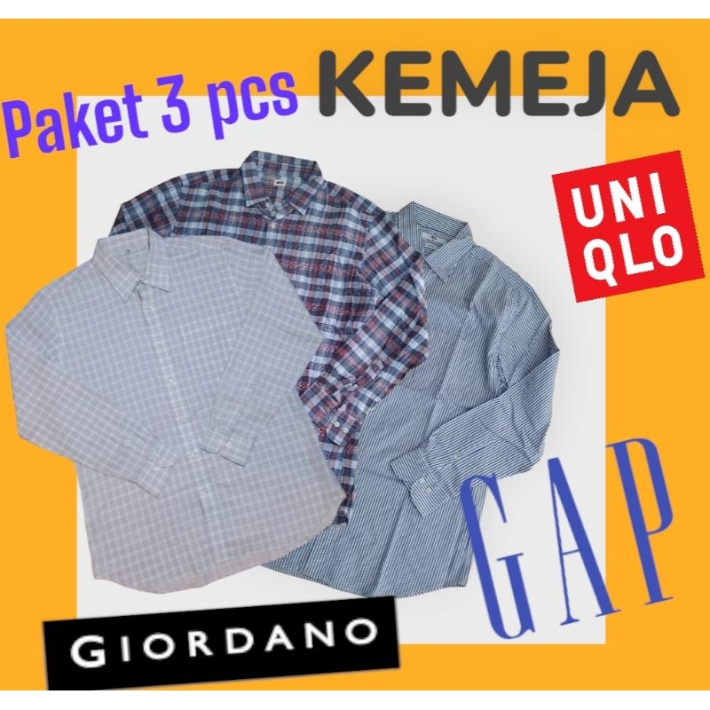 PAKET KEMEJA SECOND BRANDED 3 PCS UNIQLO GIORDANO GAP DLL
