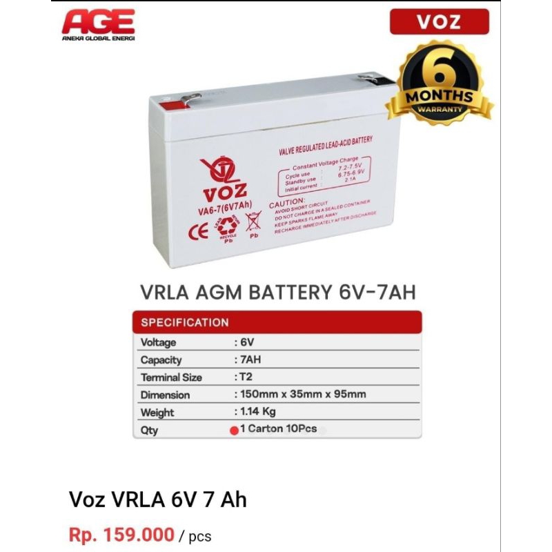 Baterai Voz VRLA AGM Aki kering 6 Volt 6V / 7Ah