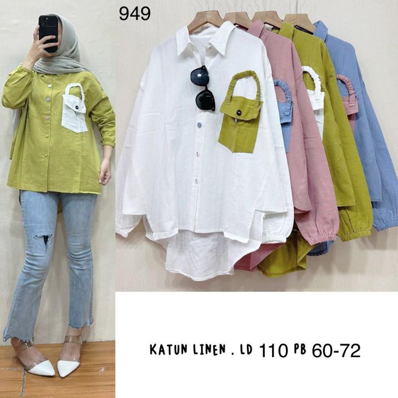 Atasan Kemeja Katun Linen Import Polos Kantong Depan New FeLlA#949
