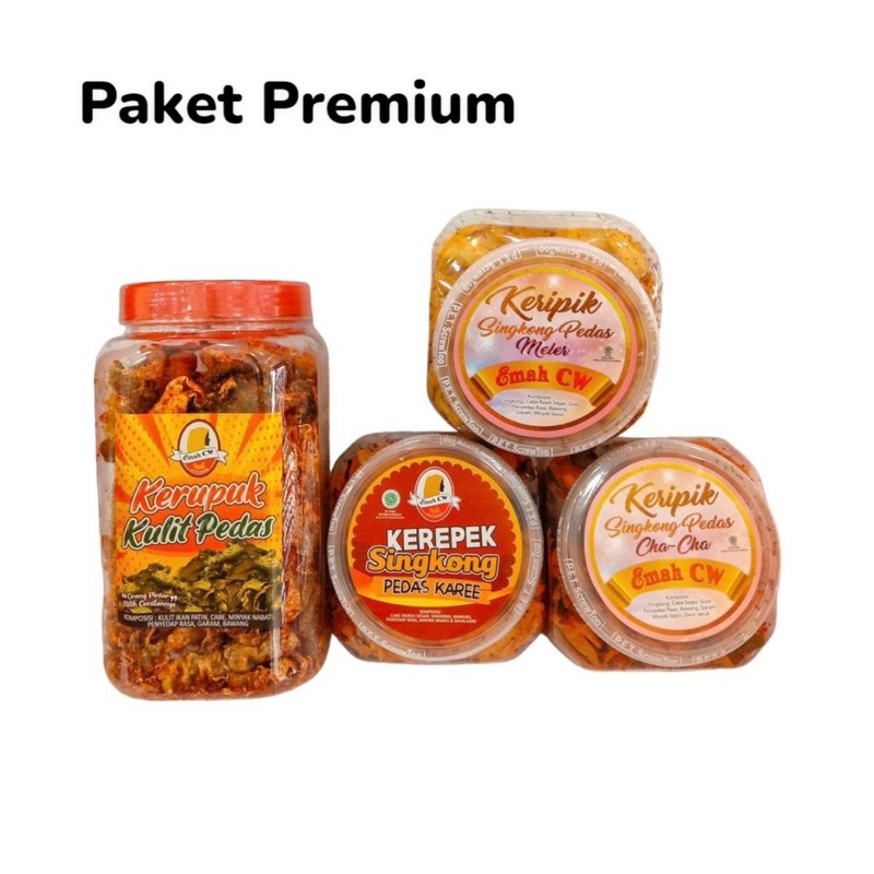 

4 Pcs Paket Keripik Premium ( Kerupuk Kulit Pedas manje toples, Pedas Meler, Pedas Kare, Pedas Cha-Cha )