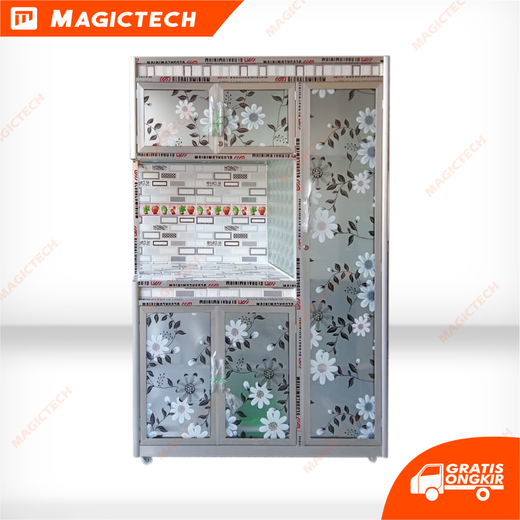 RAK PIRING ALUMINIUM KACA 3 PINTU KACA MOTIF + RODA