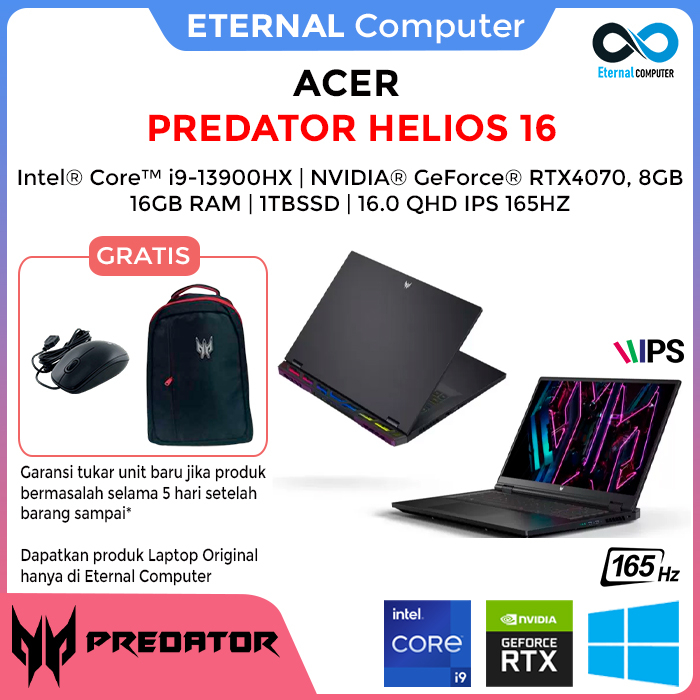 Acer Predator Helios 16 I9 13900hx rtx4070 8gb/ 16gb 1tbssd w11pre 16.0 Qhd Ips 165hz