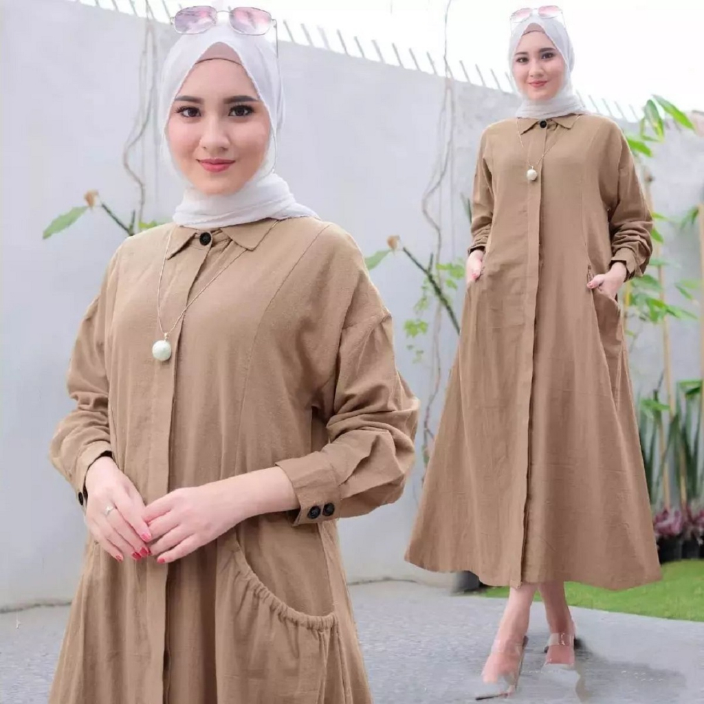 Pamela Midi Dress M L XL XXL Bahan Kain Polo Linen Polos Busui Friendly Baju Gamis Midi Dress Wanita