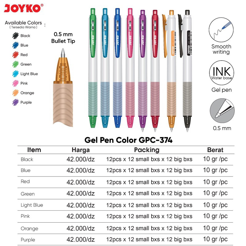

( 1 pcs ) GPC374 Pulpen Retractable tinta Warna Warni Joyko / Gelpen Color Cetrek GPC-374 / Bolpen jel Color GP-374 0.5mm Joyko mirip kokoro ( tersedia harga lusin )
