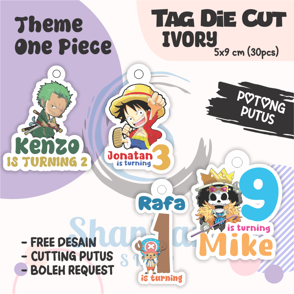 

(30pcs) Tag THEME ONE PIECE ( TAG ONLY ) TIDAK TERMASUK TALI / Tag Hampers Ulang Tahun Anak / Gantungan Custom / Cutting DIE cut / Hangtag Hologram