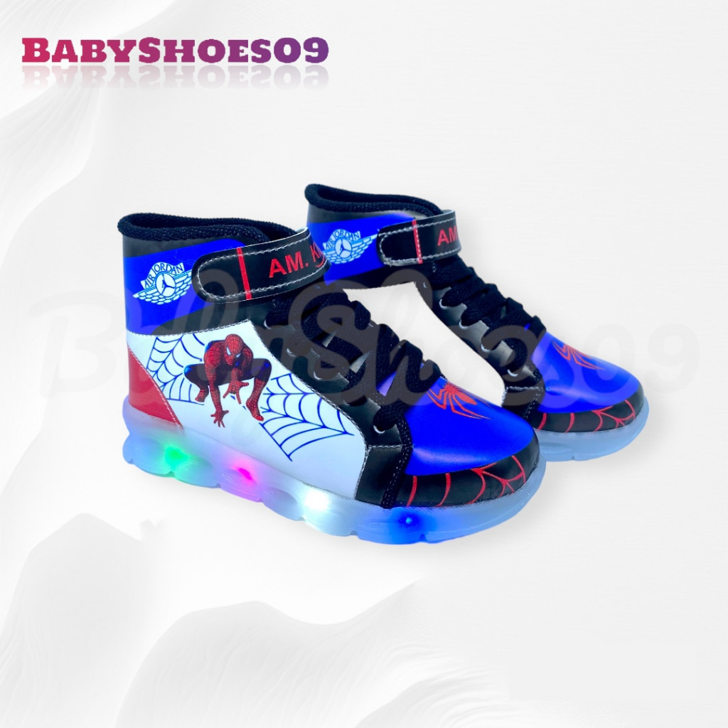 Sepatu Boot Anak Laki-Laki Dengan Lampu LED Gambar Super Hero Spiderman Usia 1 - 4,5 Tahun