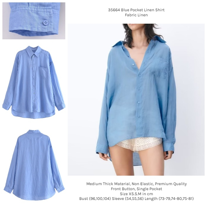 35664 Kemeja Biru Wanita Lengan Panjang Blue Pocket Linen Blouse