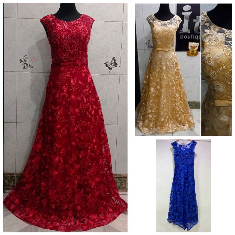 Longdress brokat merah maroon gold biru elektrik gaun pesta bordir dress bridal fio1319
