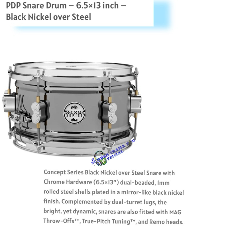 PDP PDSN6513BNCR - PDP SNARE DRUM BLACK NICKEL OVER STEEL 6.5" x 13"