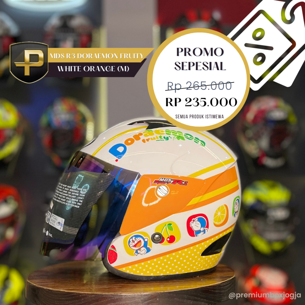 HELM MDS SPORT R3 DORAEMON FRUITY WHITE ORANGE / HELM HALF / HELM MURAH / HELM DORAEMON