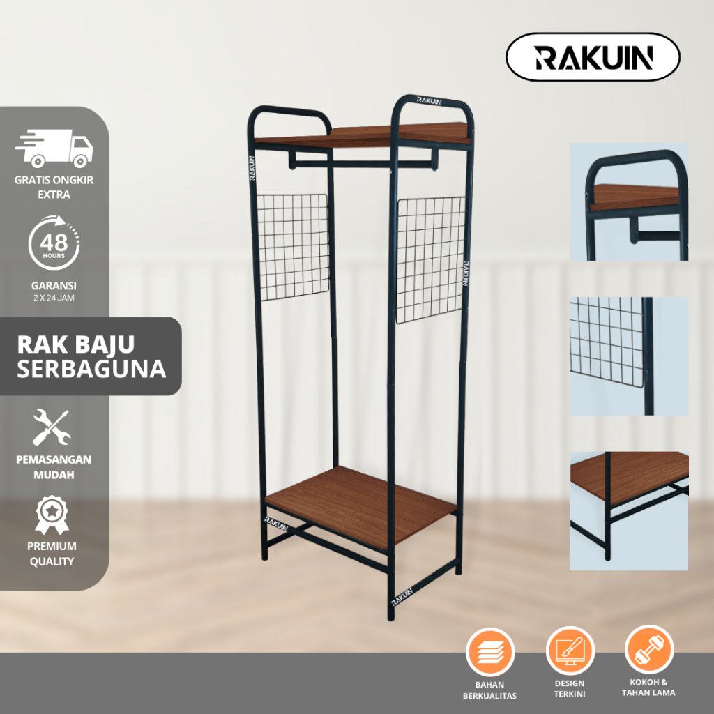 RAK BAJU SERBAGUNA SG -GAWANG BAJU BESI DAN KAYU SUSUSN 2/GANTUNGAN BAJU AESTHETIC BESI KOKOH - RAKU