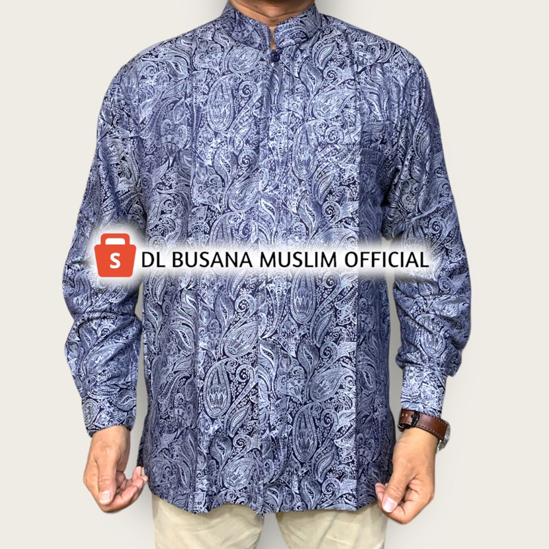 Kemeja Koko Pria Warna Dongker Baju Koko DL Motif Bunga Batik, Kemeja Koko Pria DL, Baju Muslim Pria