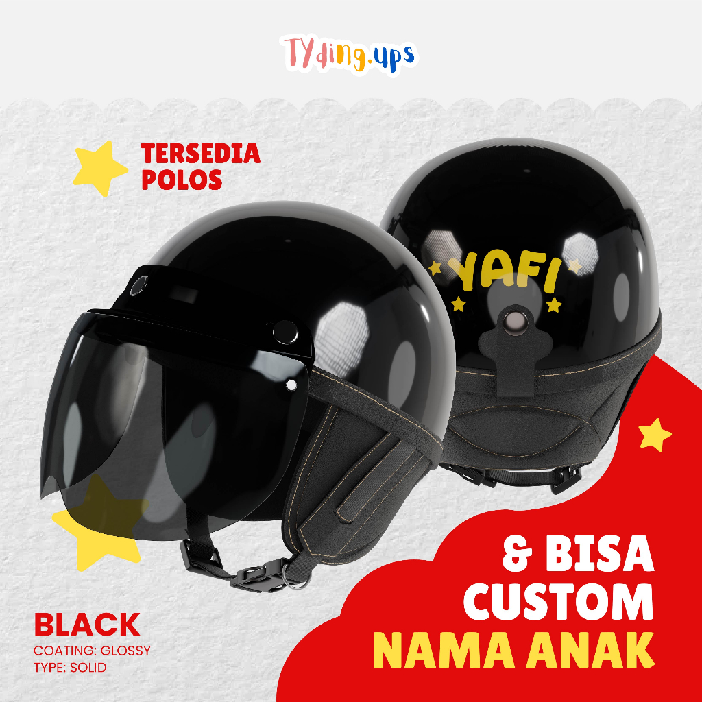 Helm Anak Retro cat  Warna Hitam Glossy 1 2 3 4 5 Tahun Vespa Junior Polos