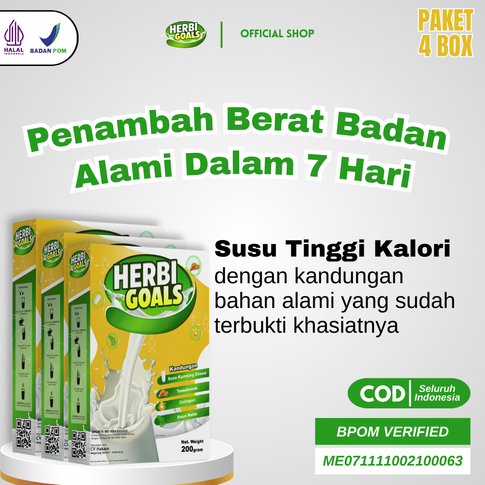 

Susu Penambah Berat Badan dan Nafsu Makan Herbi Goals BPOM Untuk Dewasa dan Anak anak