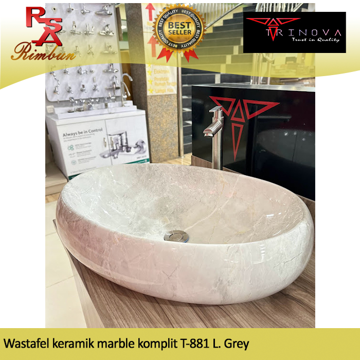Wastafel cuci tangan keramik marble oval komplit T-881 L. Grey marmer