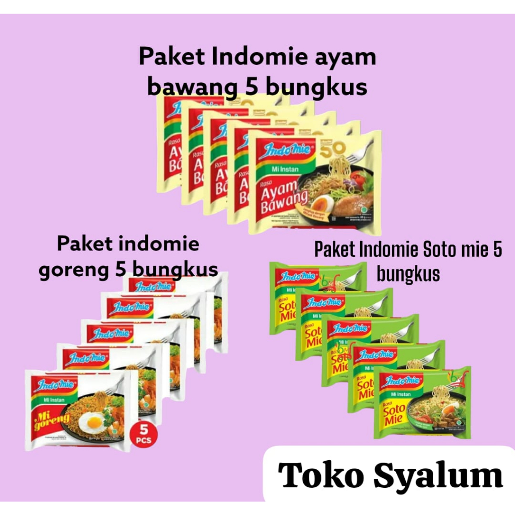 

Indomie paket Hemat isi 5 bungkus rasa mie goreng, soto mie, ayam bawang