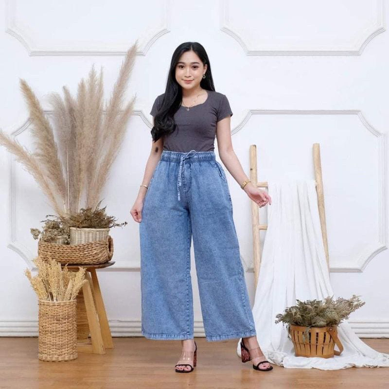 Celana jeans kulot tali pinggang | Highwaist jeans kulot tali