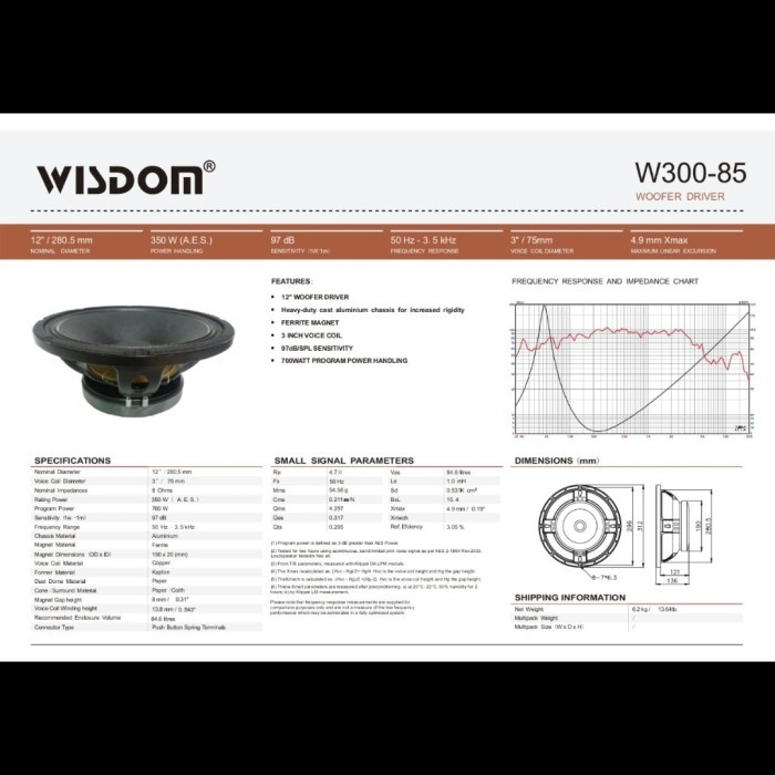 Speaker Komponen Wisdom W300 85 12 Inchi Wisdom W30085 Original