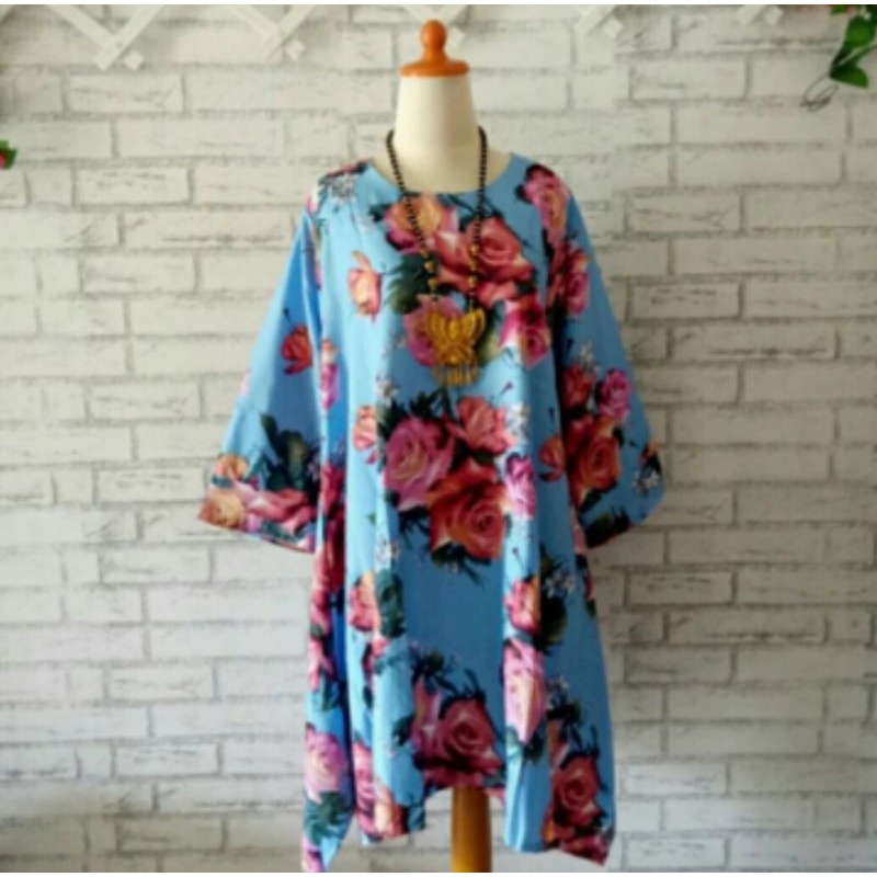 blouse bunga tunik biru big size/blouse tunik muslim