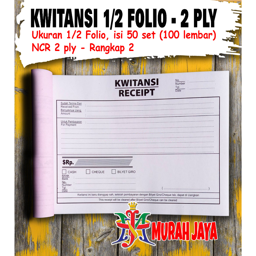 

KWITANSI BESAR | RECEIPT TANDA TERIMA 1/2 FOLIO 2 RANGKAP 2 PLY PUTIH MERAH