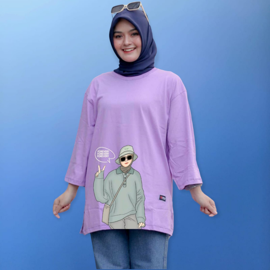Kaos Oversize Wanita Terbaru Warna Ungu Lilac Motif Keren Bahan Tebal Katun Premium Jumbo Terlaris
