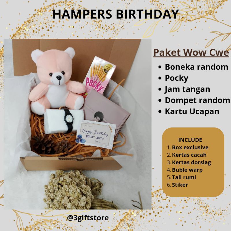 

Hampers Birthday Cwe WOW (Boneka,Dompet,Pocky,Jam tangan)
