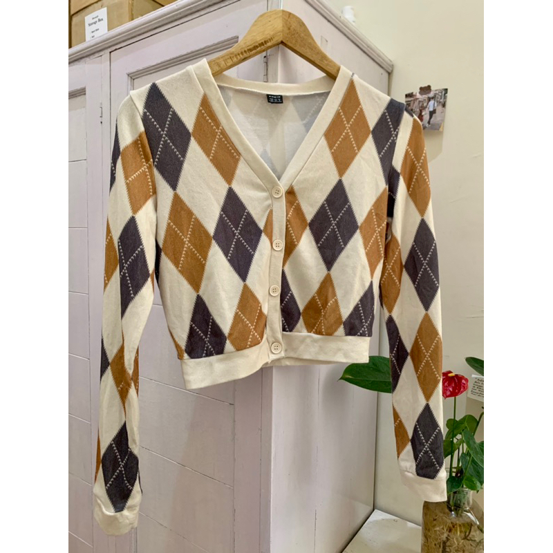 SHEIN Argyle Crop Cardigan - Shein Crop Cardigan Ketupat