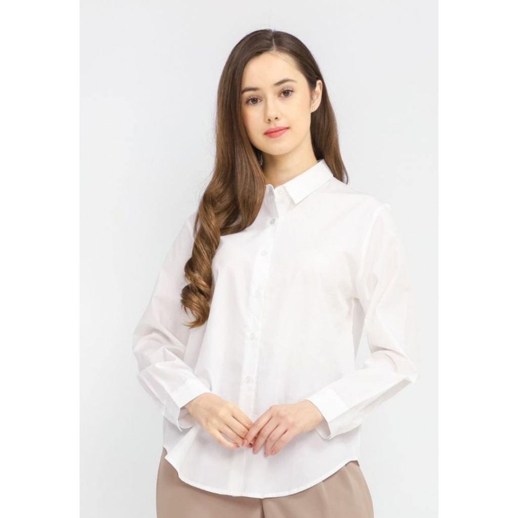 Urban Exchange Sabrina Broken White Shirt - Atasan Kemeja Putih Katun Lengan Panjang