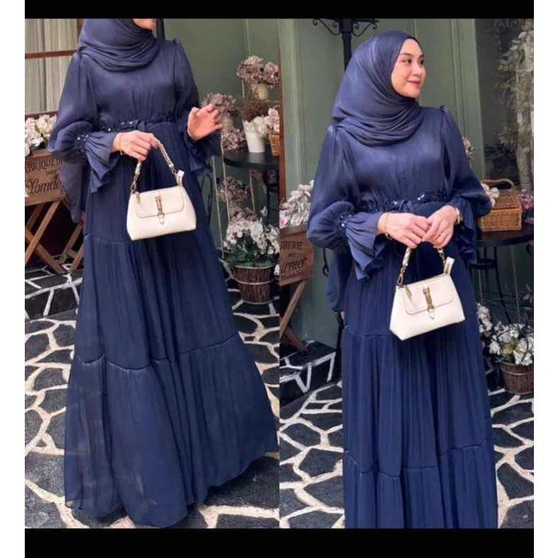 Mahira Dress Gamis Muslim Wanita Bahan Shimmer Aplikasi Tile Payet Gamis Muslimah Model Terbaru 2023 GOM