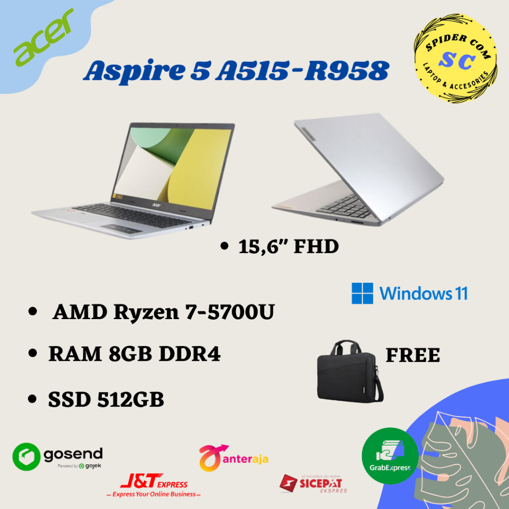 LAPTOP ACER ASPIRE 5 A515-R958|Ryzen 7-5700U/8GB/512GB SSD/15,6" FHD/WIN 11