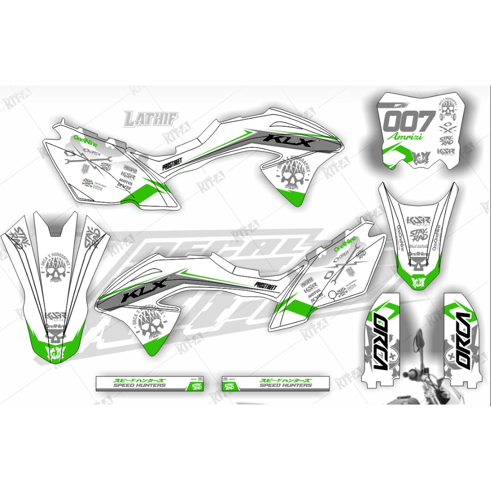 DECAL STICKER KLX BF 150 MOTIF Supermoto Putih Abu Lis Hijau