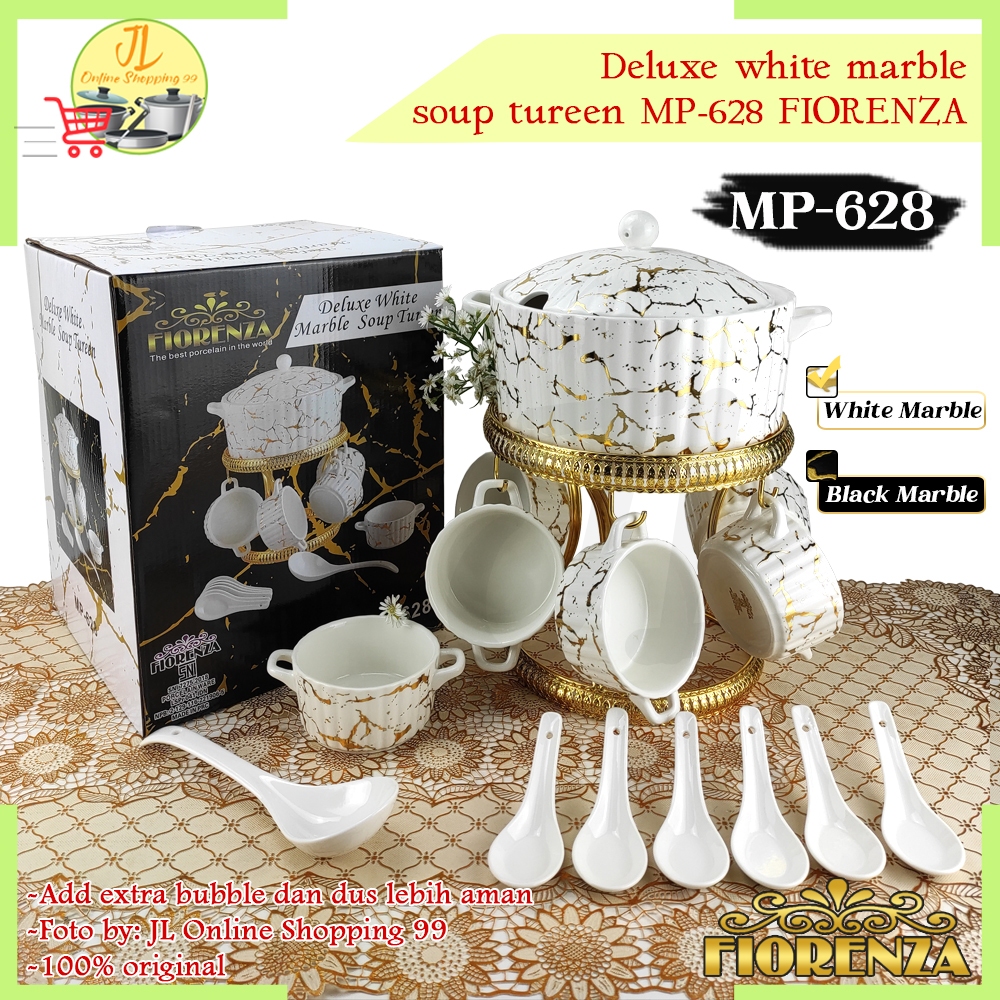 FIORENZA soup tureen white marble duluxe series with rack MP-628 / mangkok es buah keramik + sendok