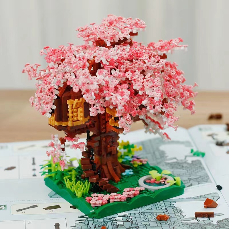 Mainan Balok Bangunan Mini Model Rumah Pohon Sakura Jepang Untuk Hadiah Ulang Tahun / building blocks Dekorasi Creator Expert(Tanpa Lampu)