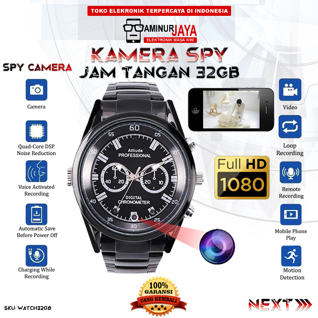 Aminurjaya Kamera Jam Tangan Smartwatch Hidden Spy Camera Watch 32GB HD 1080P Night Vision AminurJay