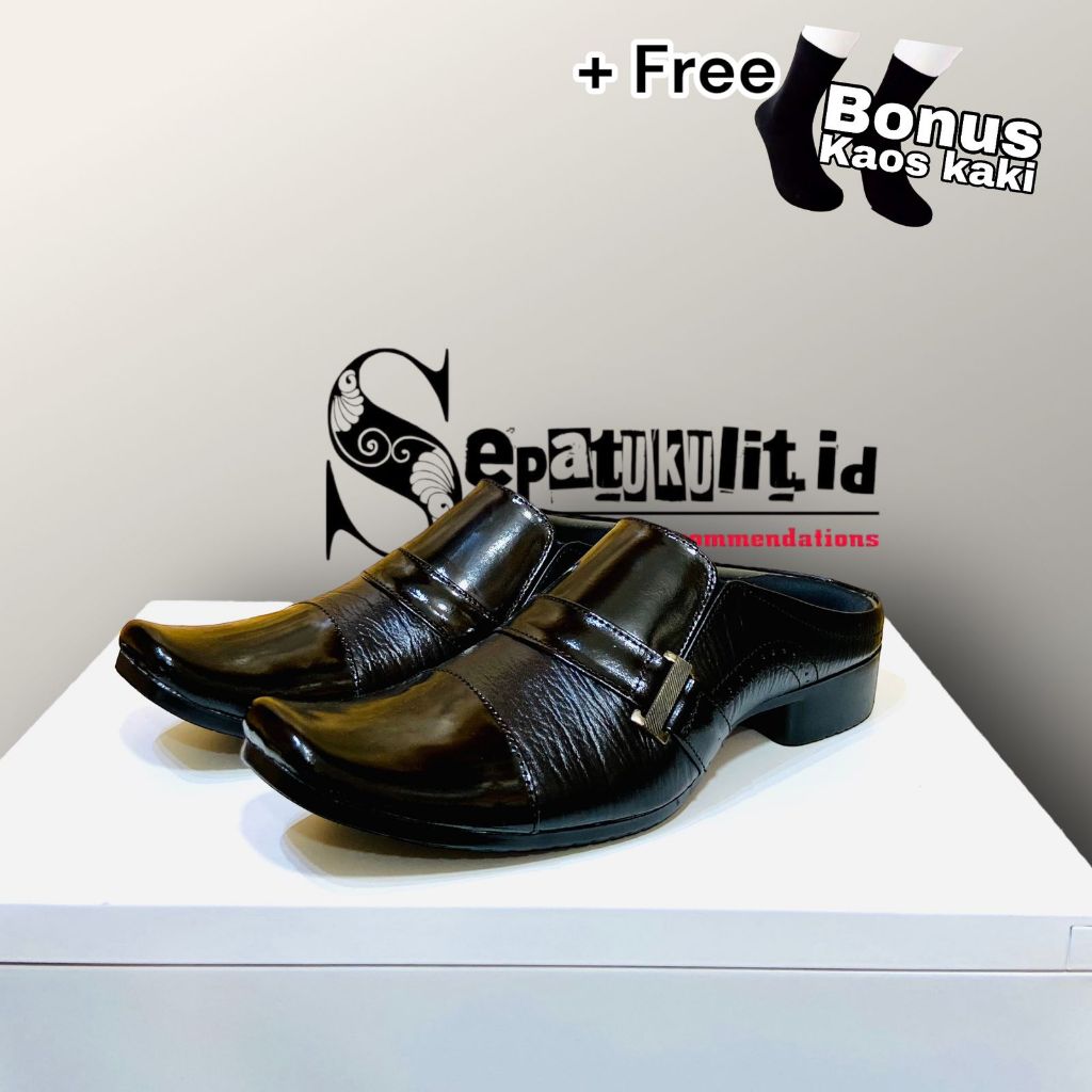 Dr  Iam Sandal Sepatu Bustong KULIT PRIA Formal Mengkilap DALTU / Tutong Kulit HITAM