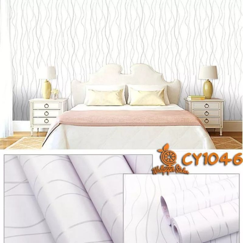 Wallpaper Sticker Dinding Putih Polos Bertekstur Garis Salur Silver PVC Full Lem Perekat Elegan Mode