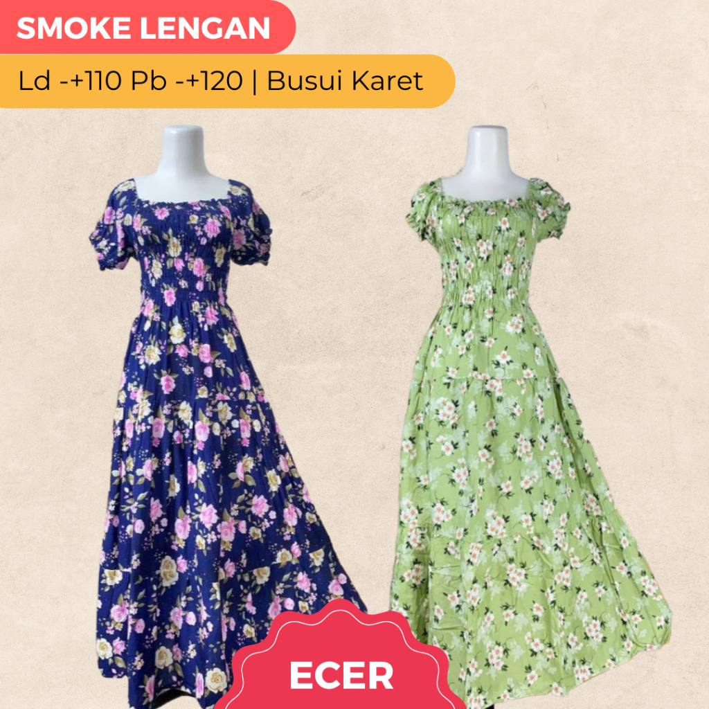 Daster Smoke Lengan Full Kerut Dada Busui Bahan Rayon Panjang Semata Kaki Ld 110