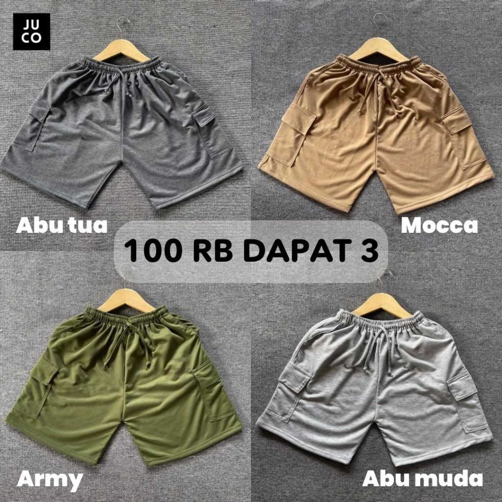 100 Ribu Dapat 3 Celana Pendek Sweatpants Cargo Pria dan Wanita