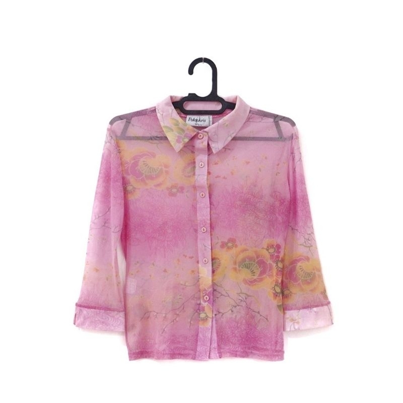 ORI Paris Polo Pink Flower - Atasan Hem / Kemeja Kerja / Kantor Wanita Lengan 3/4 Merah Muda Bunga -