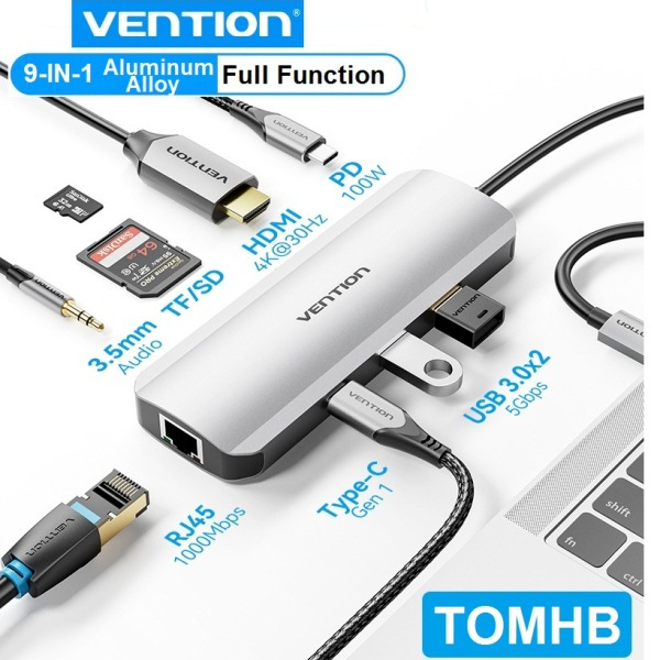 Vention USB Type C 9in1 to HDMI RJ45 USB HUB PD CardReader AUX 3.5mm TRRS