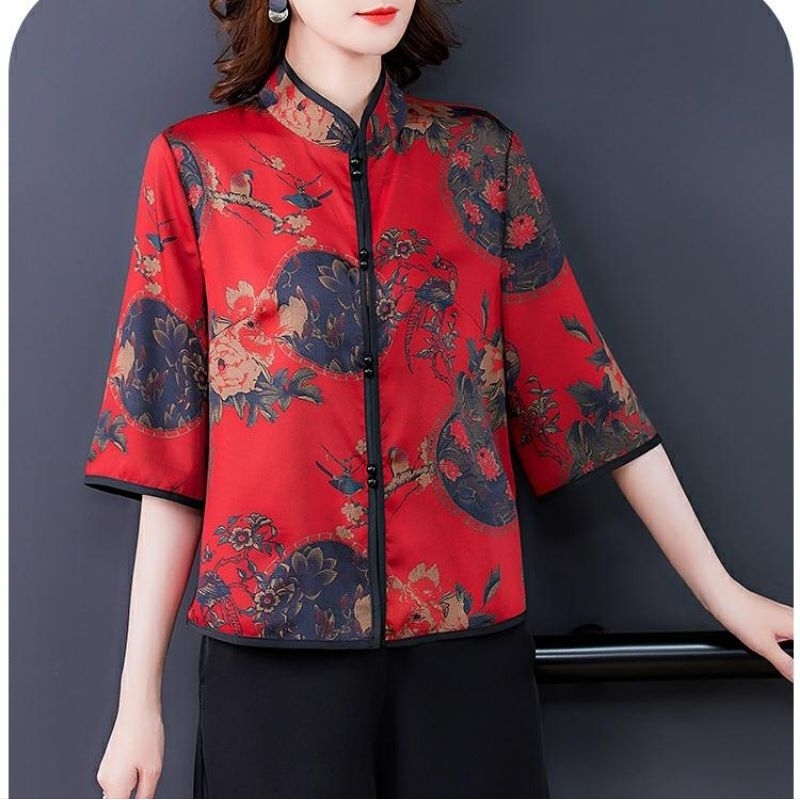 0008 Baju atasan blouse CNY HAPPINESS CHEONGSAM merah tosca kuning Korea Korean style wanita premium