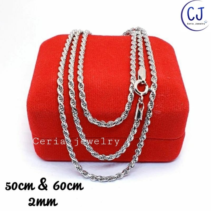 Kalung Perak Pria Wanita Silver Asli 925 Lapis Emas Putih Model Tambang 50 Dan 60 Cm - Kalung Pria Wanita Anti Karat