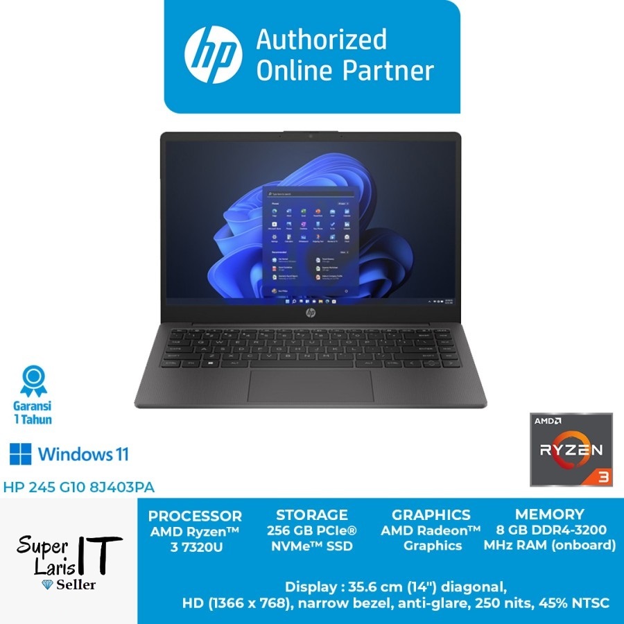 Laptop HP 245 G10 8J403PA Ryzen 3 7320U 8GB 256GB 14" HD W11