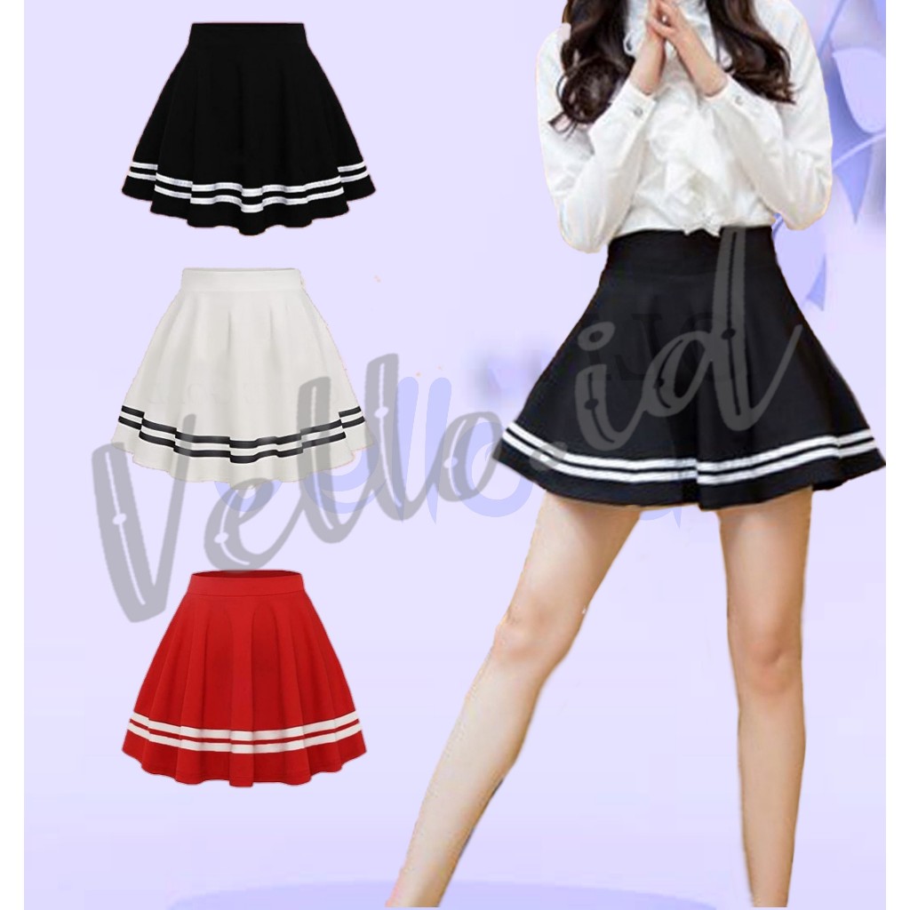 Vellow.id Rok Mini Korea Rok Pendek Jepang Rok Hitam Putih Merah Scuba Premium Garis List Kasual Ola