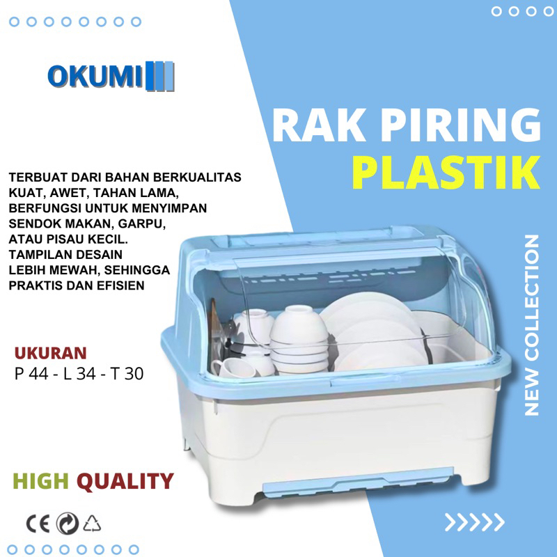 OKUMI Rak Piring Besar Rak Pengering Air Mangkok Rak Piring Plastik Dengan Tutup Wadah Kotak Penyimp
