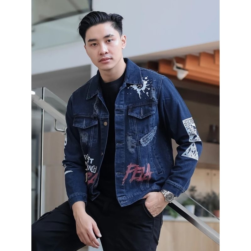 Jaket Jeans Denim Grafiti Pria tulisan Sablon  Keren Murah oversize