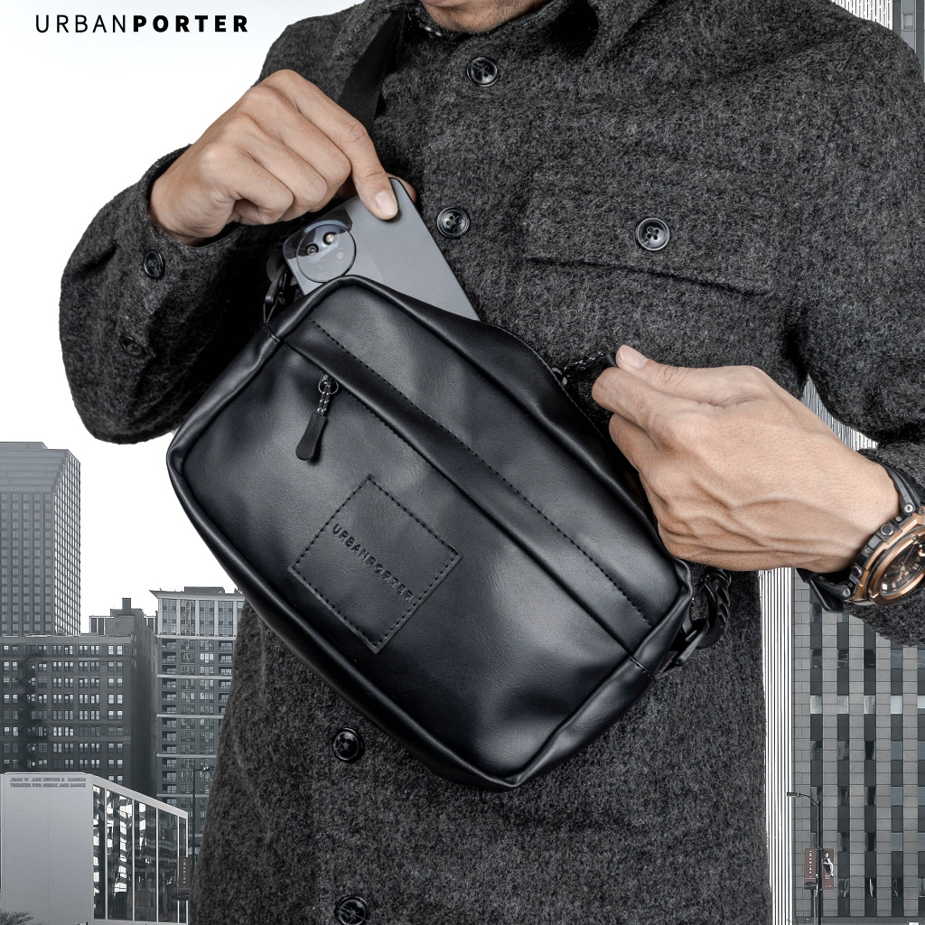 URBANPORTER - Tas Sling Clutch Bag Pria Kulit warna Hitam