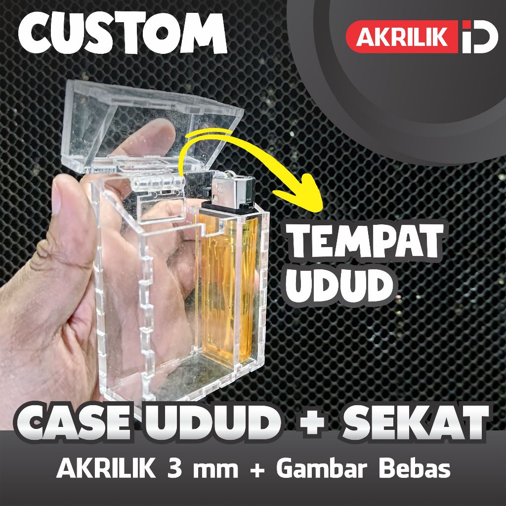Case Rokok + Sekat Korek - Akrilik bening 3 mm - Teks Gambar Bebas Custom