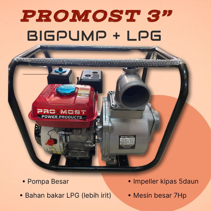 Mesin Pompa Air sawah alkon 3”  bahan bakar gas LPG BIG Pump PROMOST 3 inch komplit selang LPG + ReG
